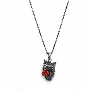 Black Skull Necklace with Red Rose Accent – Gothic Punk Statement Pendant